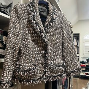 Teri Jon Black and Gray Tweed Blazer with Fringe